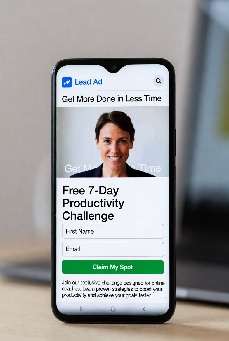 Mobile phone mockup of Facebook Lead Ad offering free coaching webinar signup