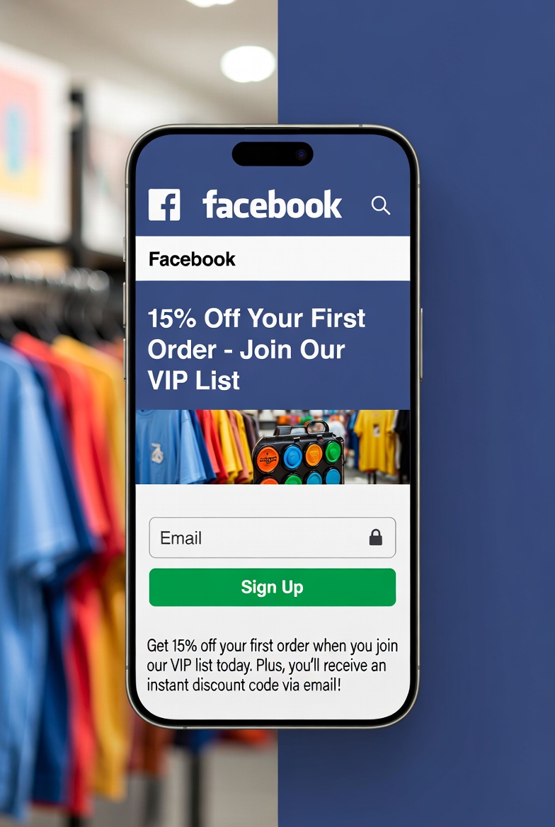 Mobile phone mockup showing Facebook Lead Ad for 15% off newsletter signup