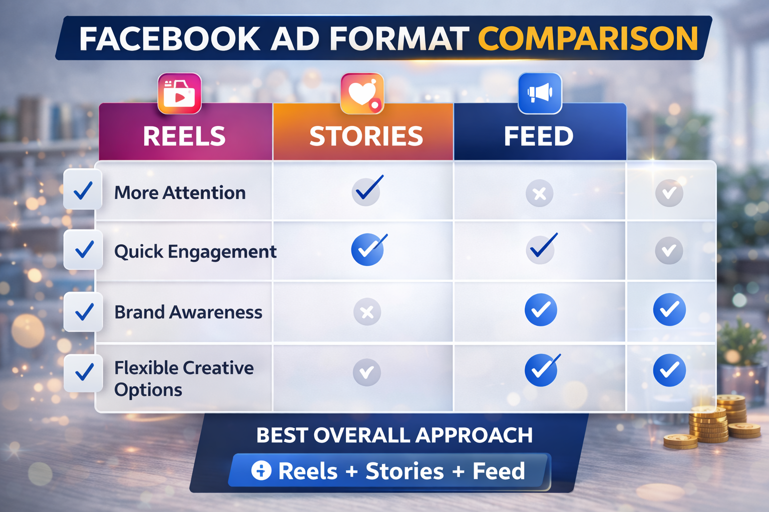 Comparison chart of Facebook Reels, Stories and Feed ads by goal and use case