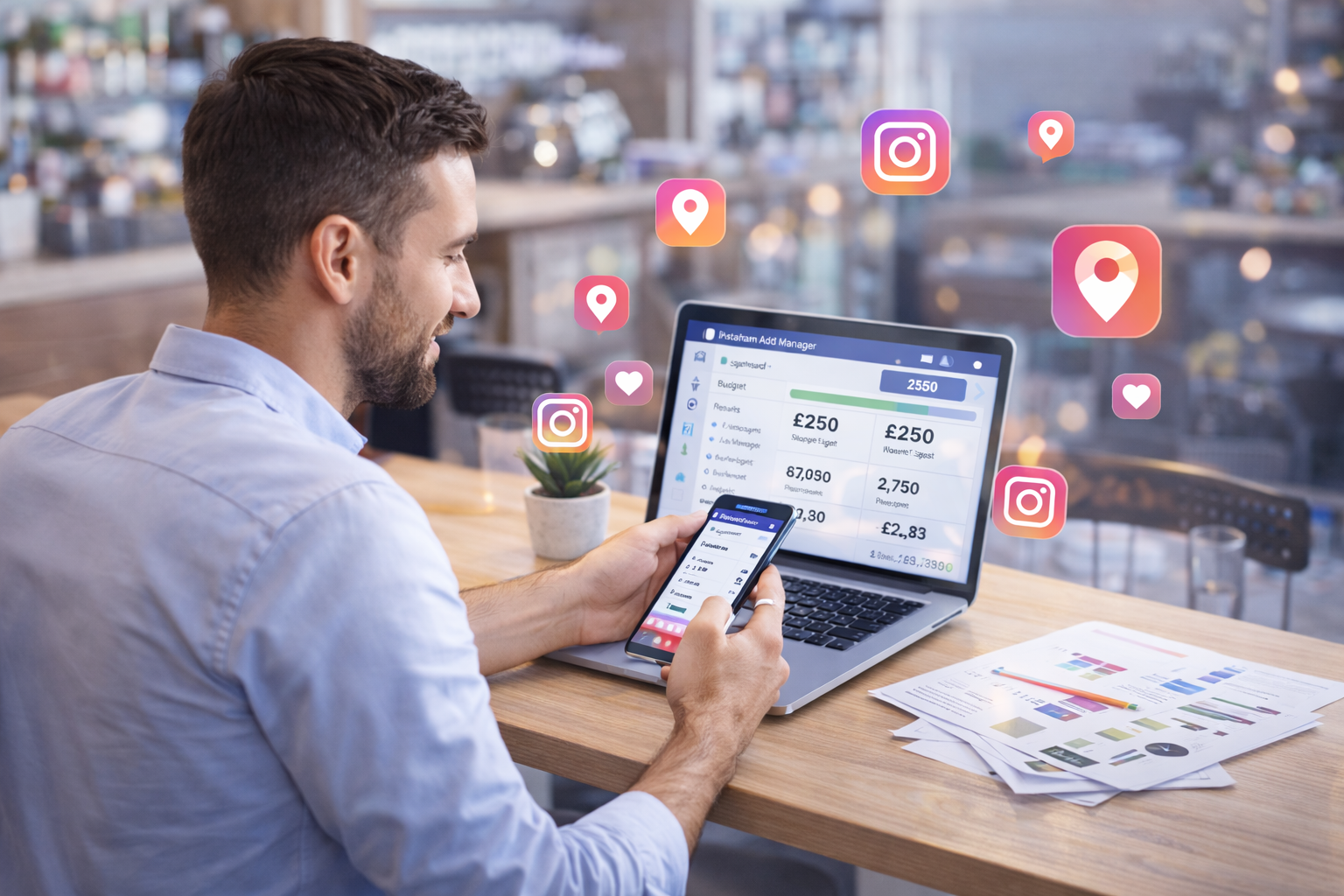 Local business owner checking Instagram ads performance on a laptop and phone