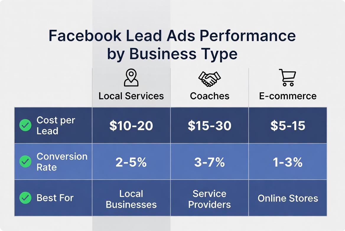 Comparison chart showing Facebook Lead Ads performance across local services, coaches and e-commerce businesses