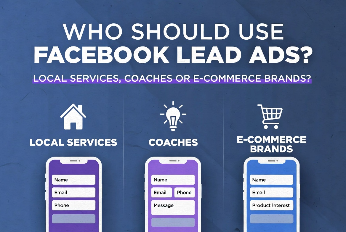 Infographic showing which businesses should use Facebook Lead Ads - local services, coaches and e-commerce