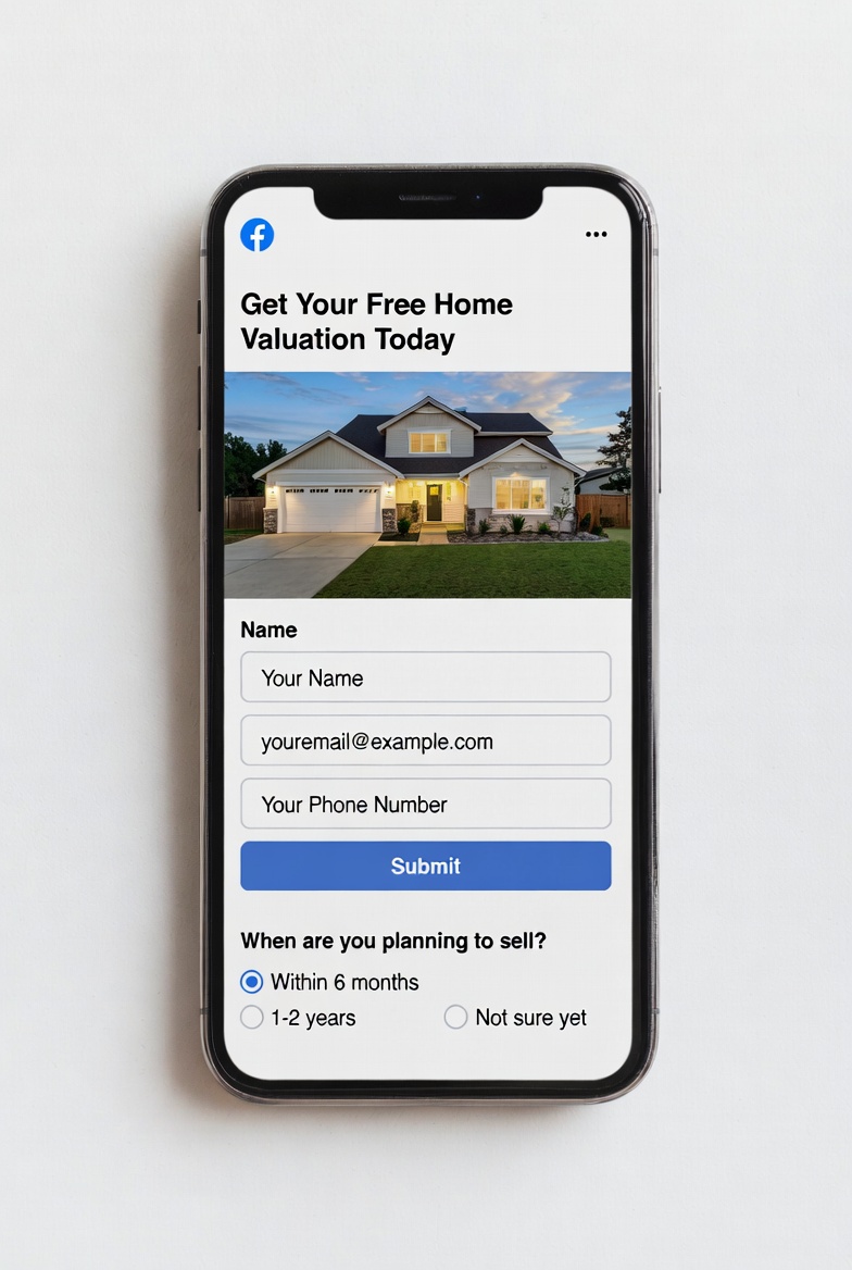 Mobile phone mockup showing Facebook Lead Ad for instant home valuation quote