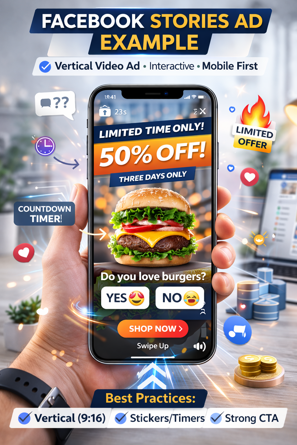 Example of a Facebook Stories ad using mobile-first design and engagement features